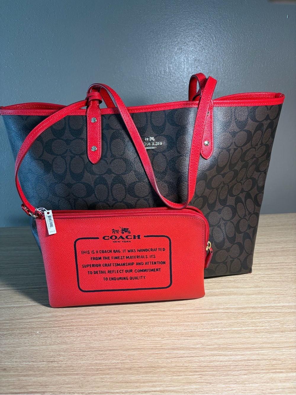 Coach Brown Signature Tote with Red Trim and Red Pouch
